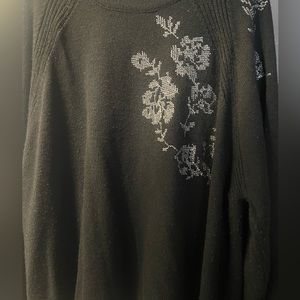 Black long sleeved sweater, silver floral cross stitch pattern 3x Woman Within